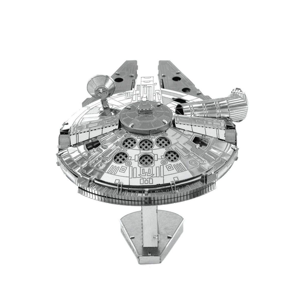 Metal model of the Millennium Falcon spaceship on a white background