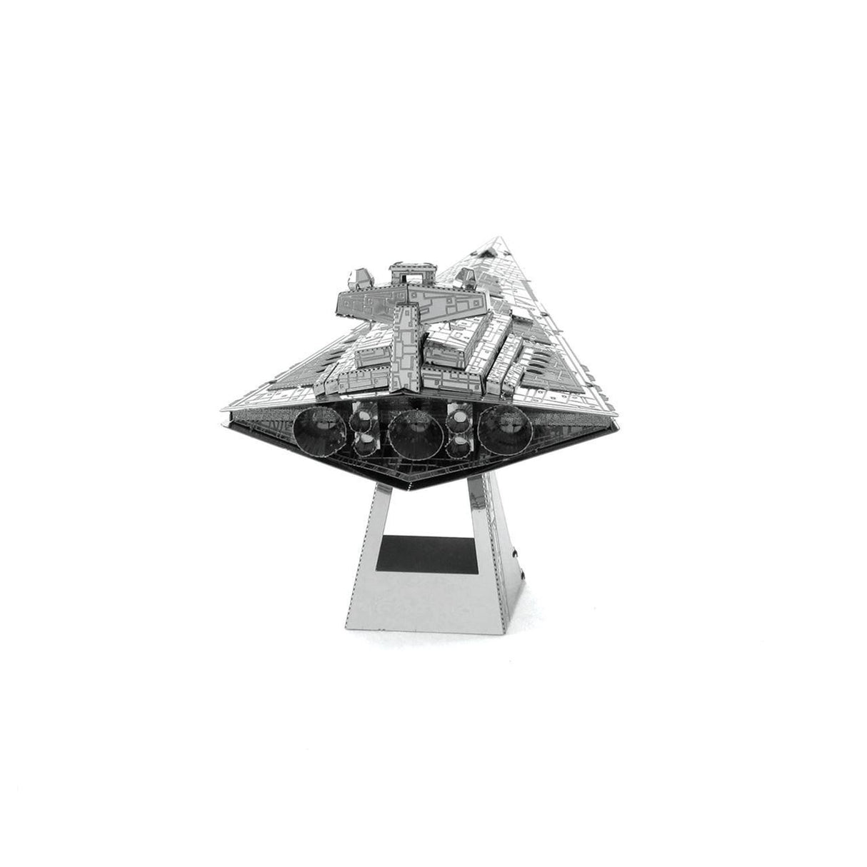 Metal model of an Imperial Star Destroyer spaceship on a stand against a white background