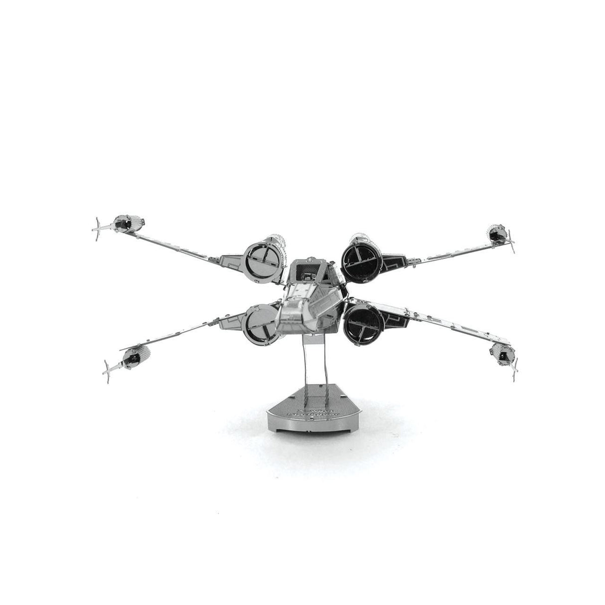 Metal model of a X-Wing Star Fighter spacecraft on a white background