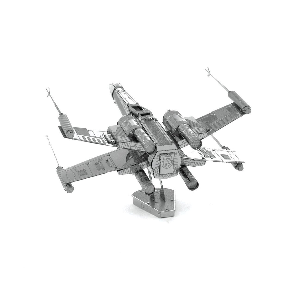 Metal model of a X-Wing Star Fighter spacecraft on a white background