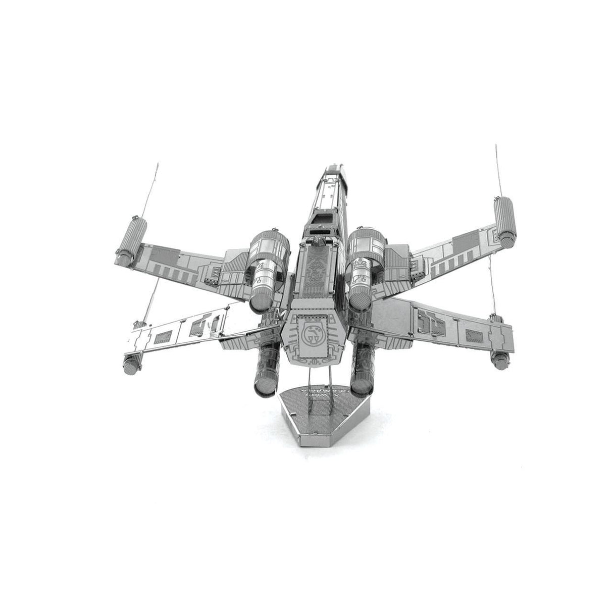 Metal model of a X-Wing Star Fighter spaceship on a white background