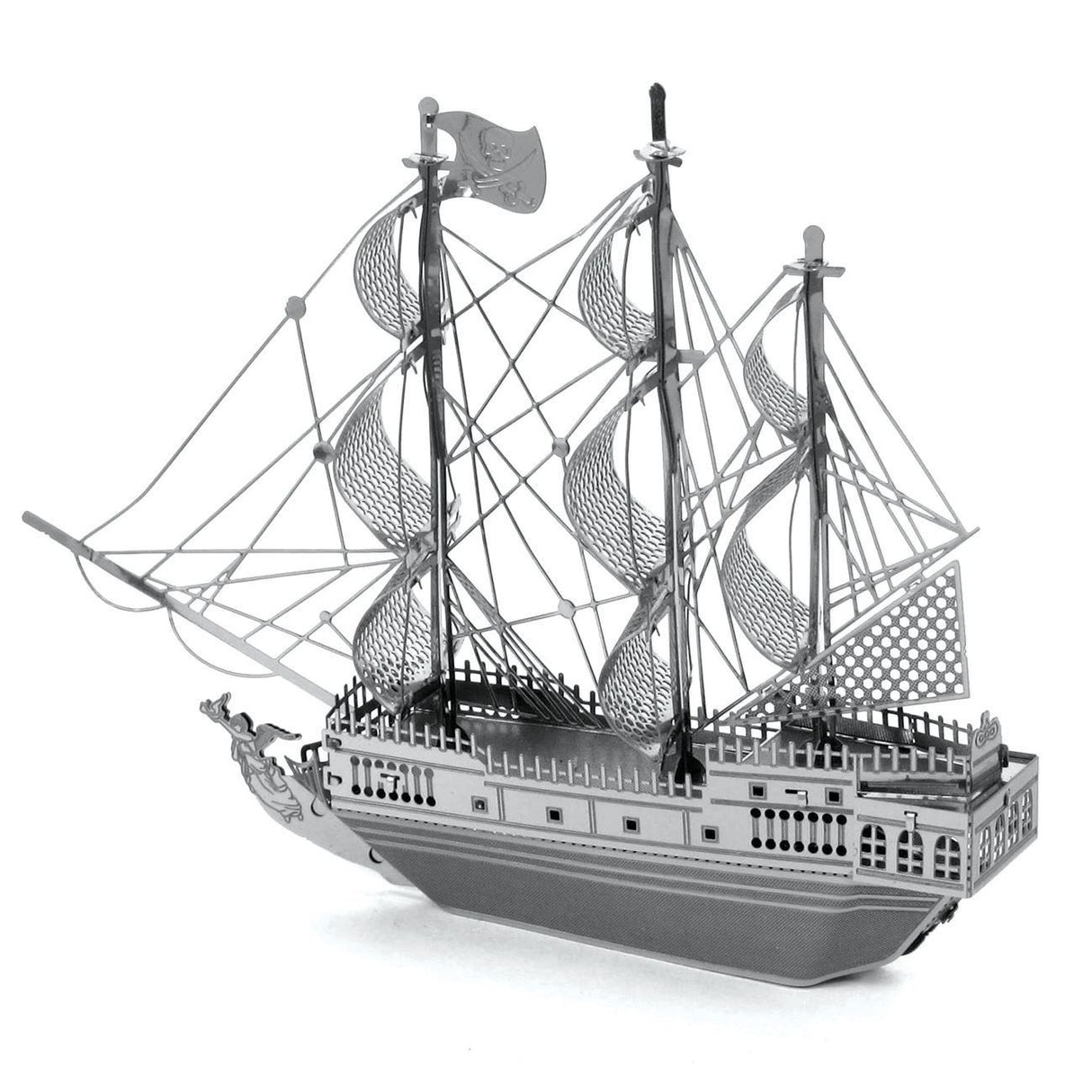 Metal model of the Black Pearl ship with multiple masts and sails on a white background