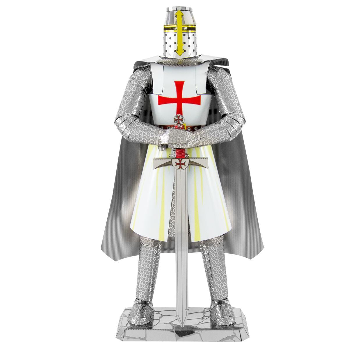 Metal Templar Knight figurine with armor and cape on a white background