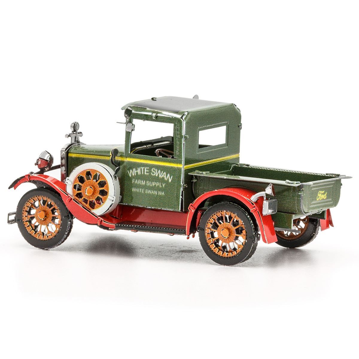 Metal model of a 1931 Ford Model A truck with 'White Swan Farm Supply' branding on a white background
