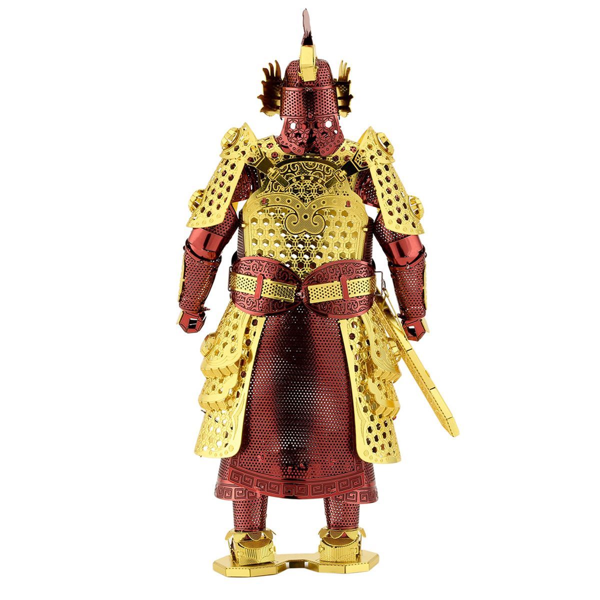 Metal model of Chinese (Ming) Armor figurine of a warrior in red and gold armor on a white background