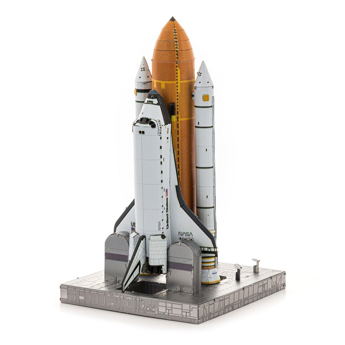 Metal model of Space Shuttle Launch Kit with orange fuel tank on a white background
