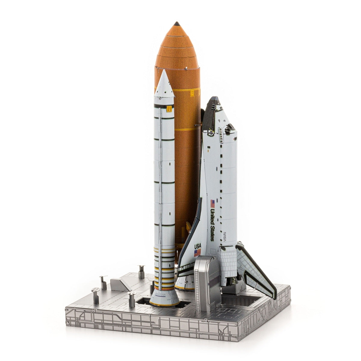 Metal model of Space Shuttle Launch Kit and rocket on a white background