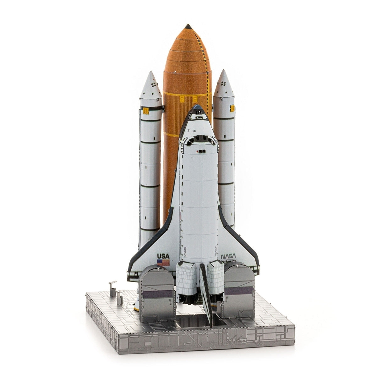 Metal model of Space Shuttle Launch Kit with a rocket on a white background