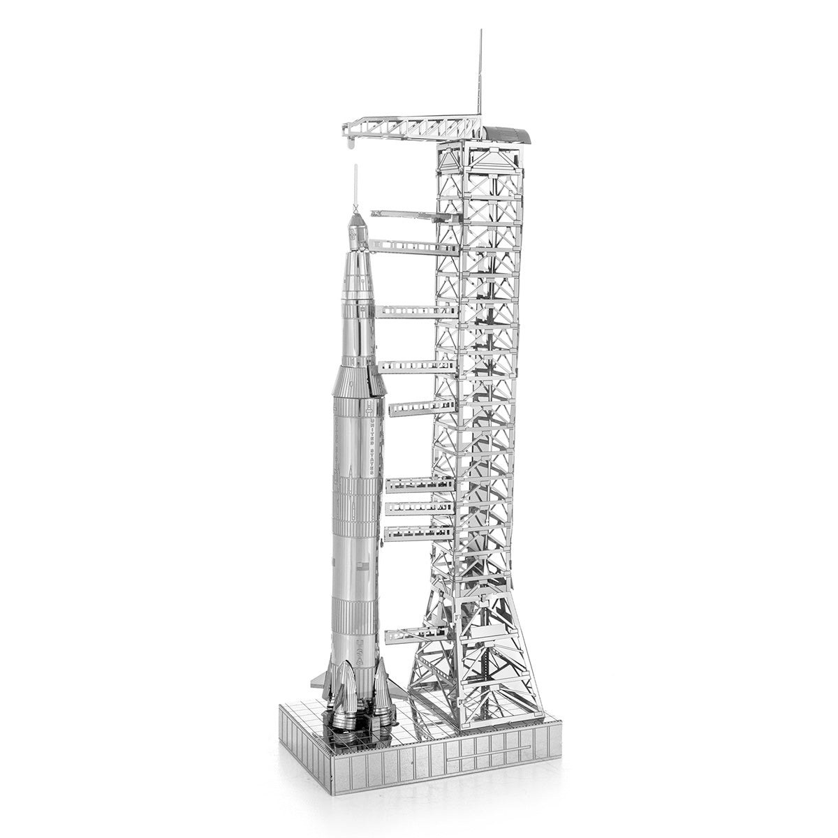 Metal model Apollo Saturn V with Gantry on a white background