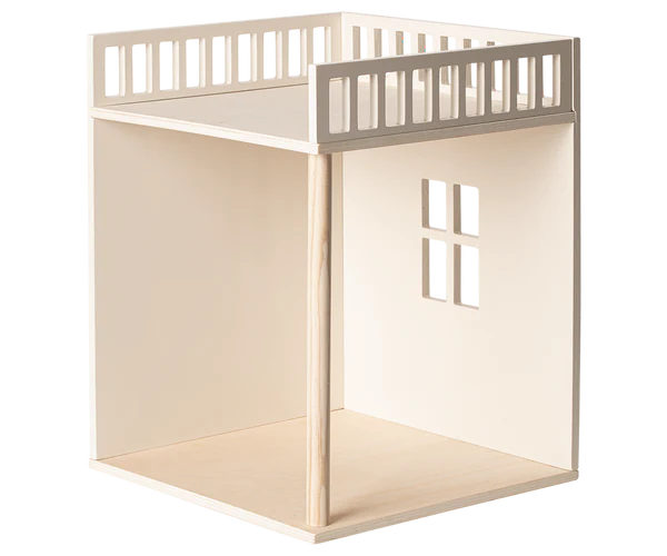 A minimalist wooden Maileg House of miniature - Bonus room with an open floor, a small window cutout on the side, and a slatted top platform, shown against a plain white background.