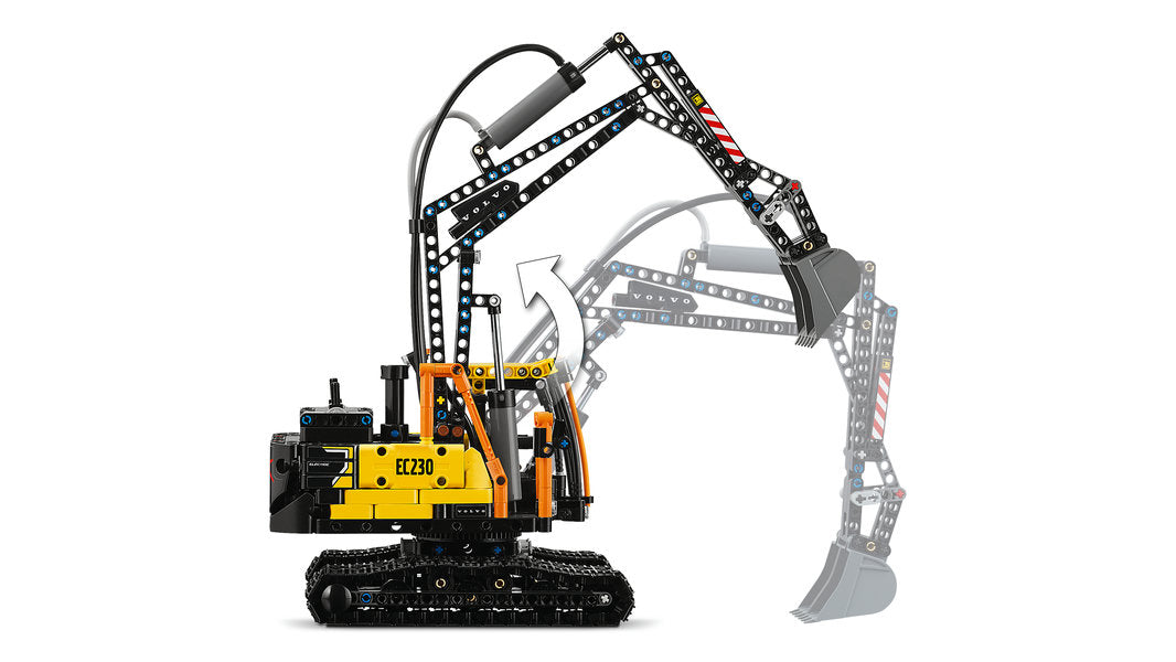 42175 LEGO® Volvo FMX Truck & EC230 Electric Excavator model showing detailed yellow and black tracked excavator arm with motion demonstration on a white background.