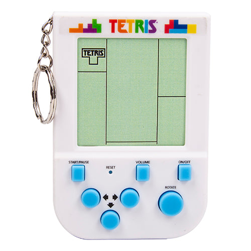 Tetris electronic game keychain with screen and buttons on a white background