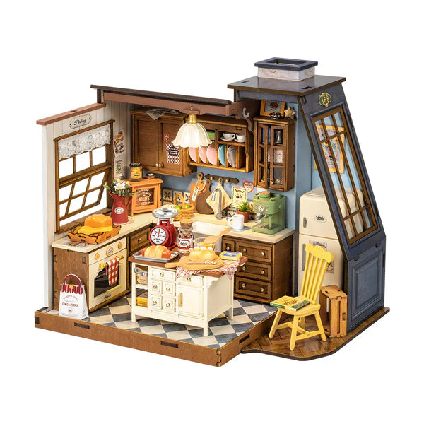 Detailed model of a miniature Baking Kitchen with various furniture and appliances on a white background