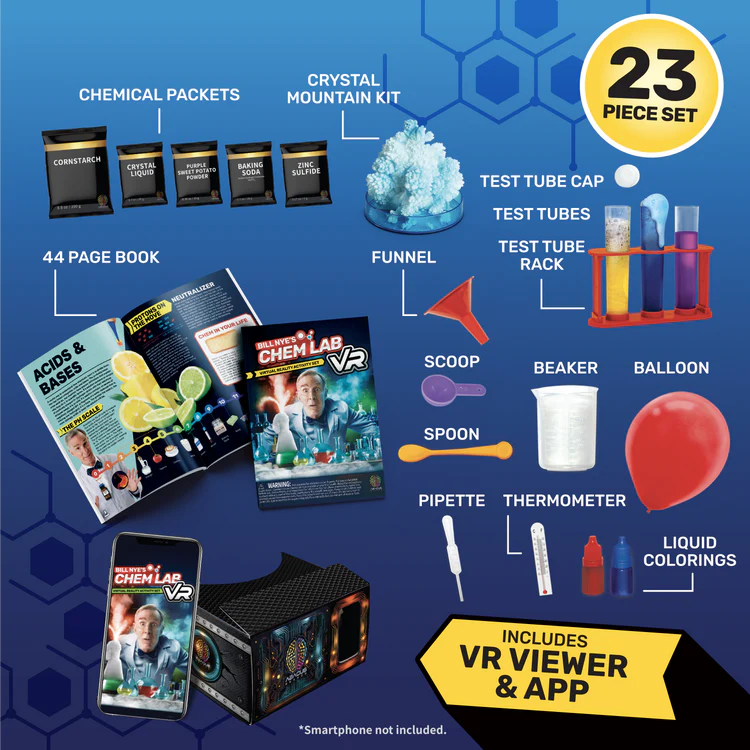 Bill Nye's Chem Lab VR set with VR viewer and app on a blue background