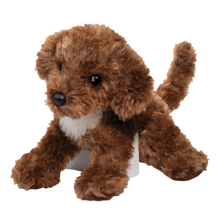 Brown plush Darby Doodle dog toy on a white background