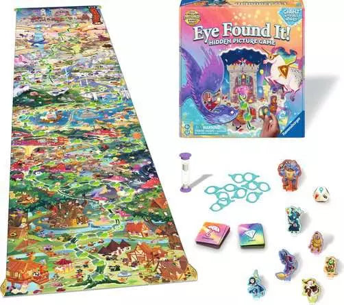 EFI Fantasy Board Game hidden picture game set with mat, box, and scattered pieces on a white background