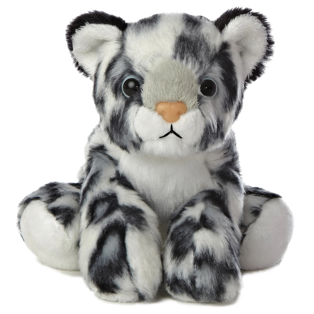 Plush toy snow leopard with black and white pattern on a white background