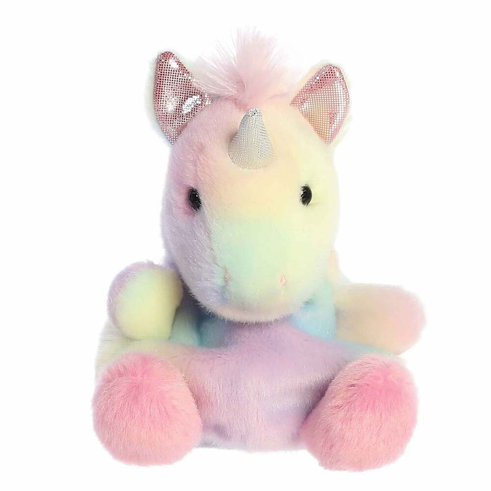 Pastel-colored unicorn plush toy with a shiny horn on a white background
