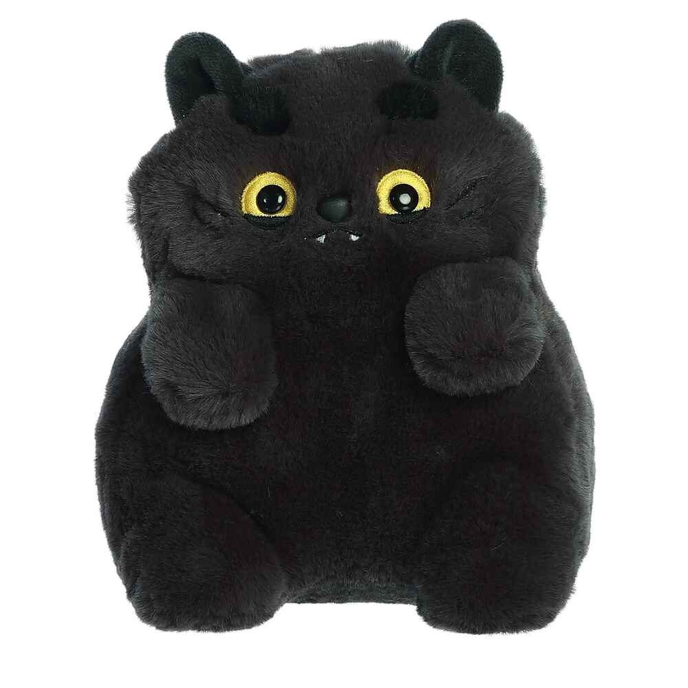 Black plush toy cat with yellow eyes on a white background