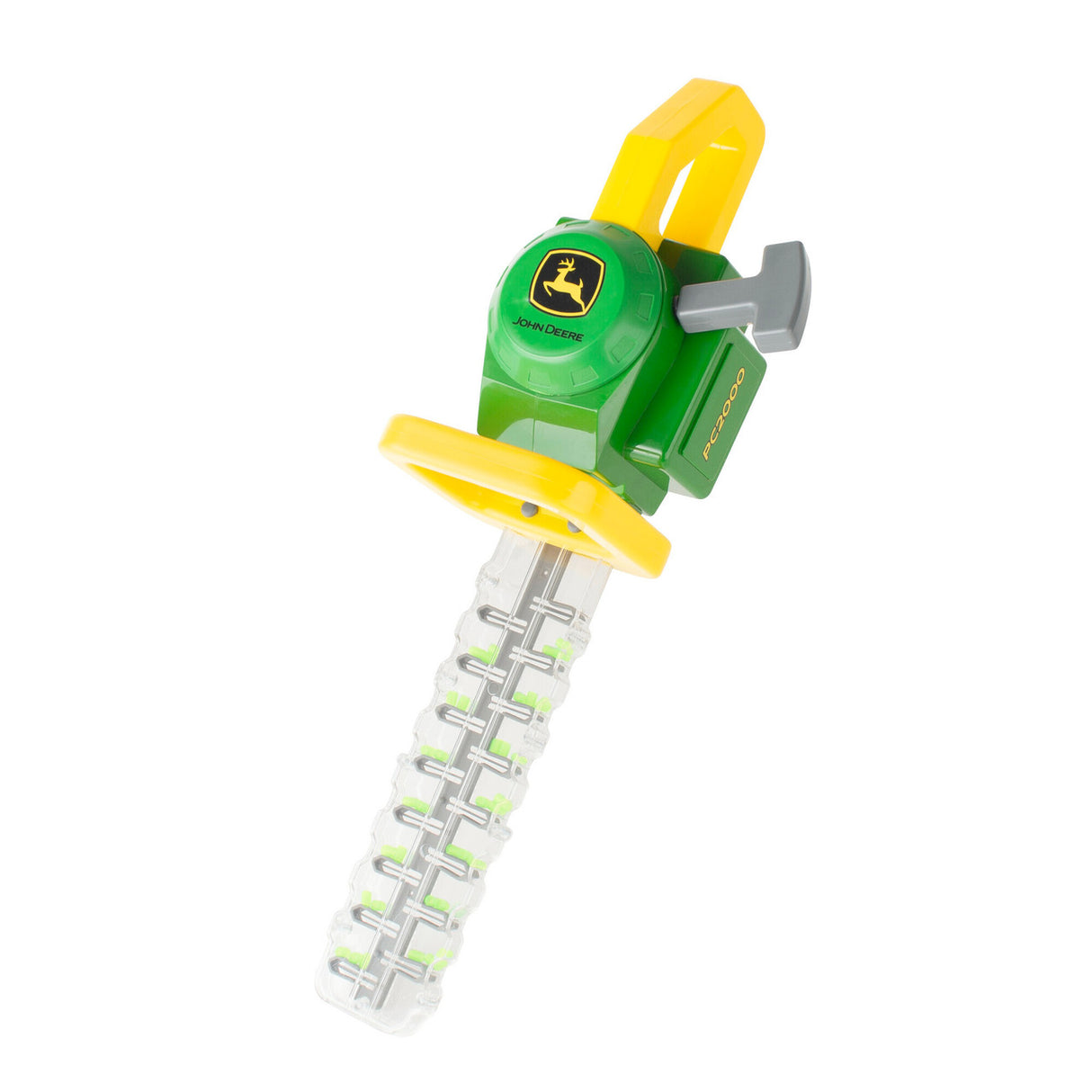 Toy hedge trimmer with John Deere logo on a white background