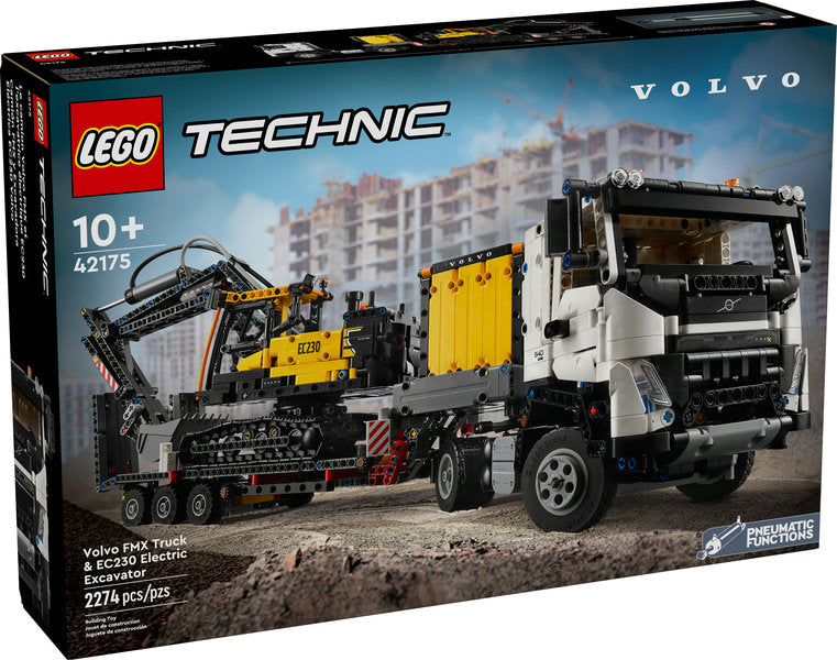 Box of 42175 LEGO® Volvo FMX Truck & EC230 Electric Excavator set featuring a detailed model of a white Volvo truck with a yellow and black construction excavator on a flatbed trailer, suitable for ages 10 and up.