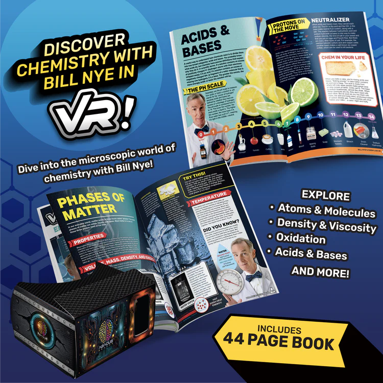 Promotional image for Bill Nye VR chemistry experience with 44-page book and VR device.