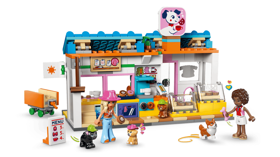 LEGO Friends: Dog Treats Bakery with a colorful building, characters, and various items on a transparent background