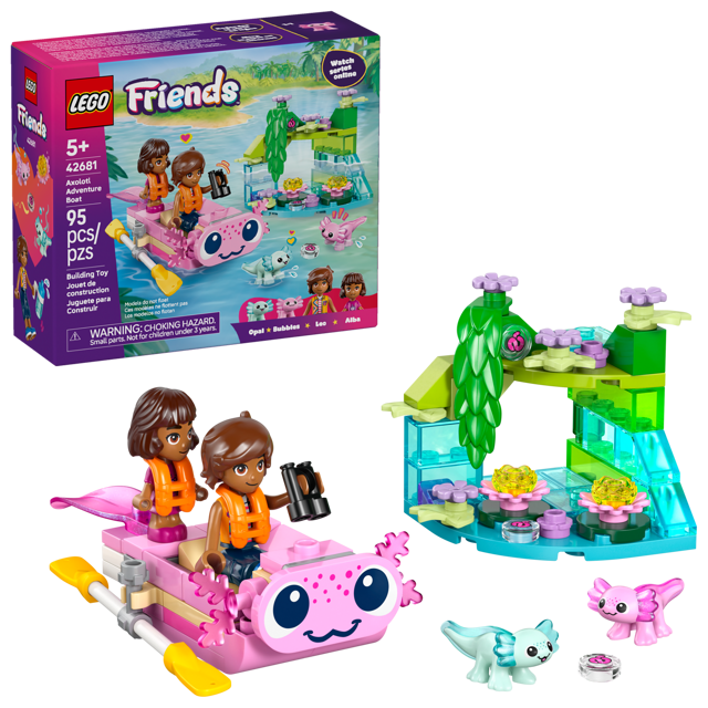 LEGO Friends: Axolotl Adventure Boat set with packaging and toy pieces on a white background