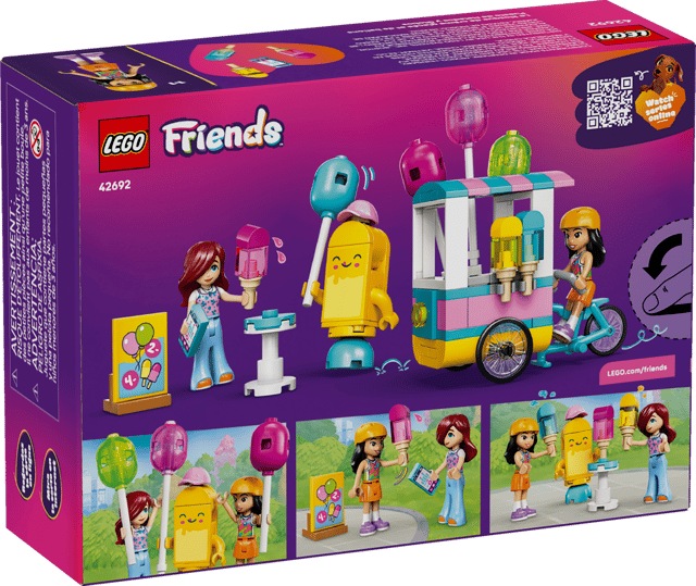LEGO Friends: Ice Cream & Balloon Stand set packaging with characters and ice cream items on a purple background