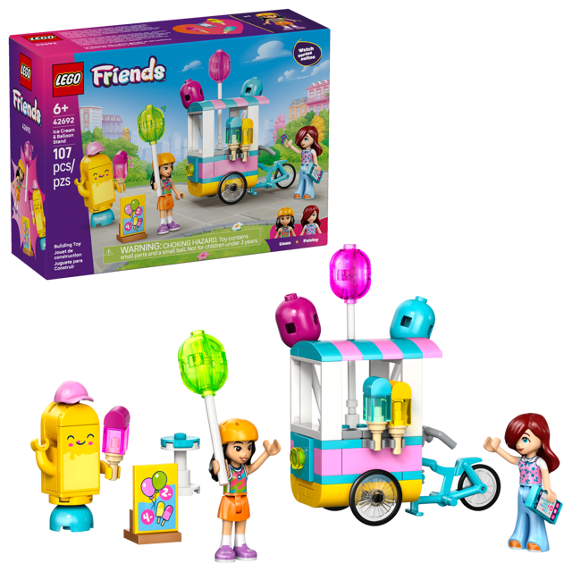 LEGO Friends: Ice Cream & Balloon Stand set with packaging and figures on a white background