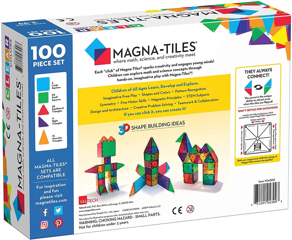Magna-Tiles 100 piece set packaging with colorful tiles and branding