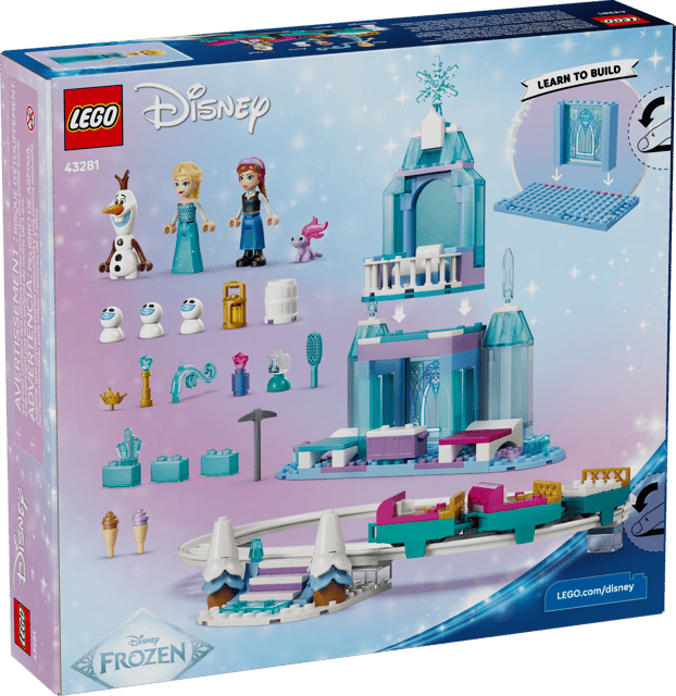 LEGO Disney Princess: Elsa's Ice Castle & Snow Ride Adventure set packaging with characters and ice castle model