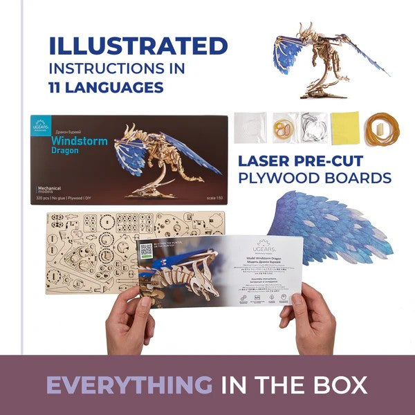 Windstorm Dragon model kit with packaging, laser-cut plywood boards, and illustrated instructions on a white background.