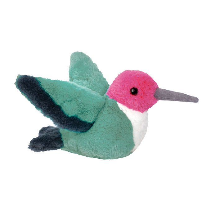 Plush toy Twirlie Hummingbird Soft with green body, pink head, and white chest on a white background