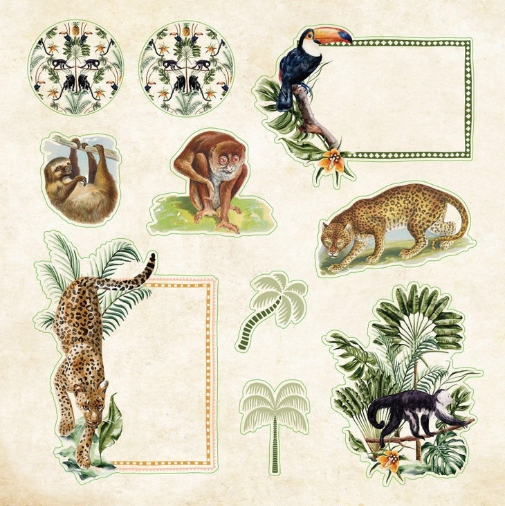 Set of illustrated animal and plant stickers on a beige background