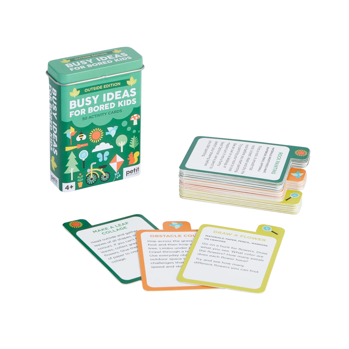 Card game set with 'Busy Ideas for Bored Kids' packaging on a white background