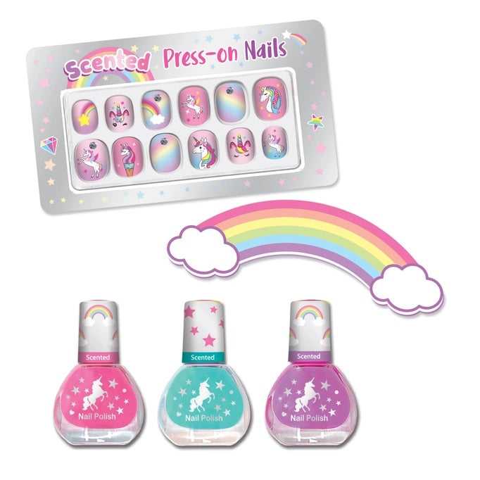 Set of scented press-on nails with three nail polish bottles on a white background