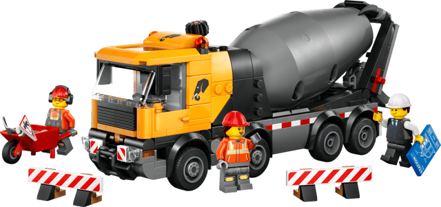 LEGO City Great Vehicles: Cement Mixer with workers and construction tools on a transparent background