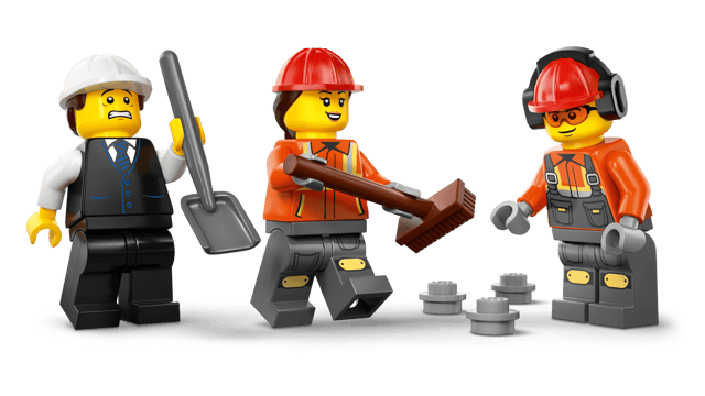 LEGO City Great Vehicles: Cement Mixer minifigures in construction worker outfits with tools on a black base.