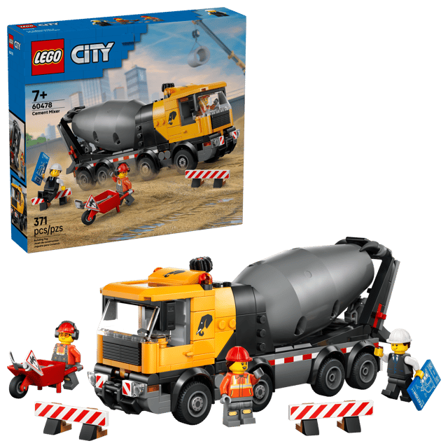 LEGO City Great Vehicles: Cement Mixer set with packaging and figures on a clear background