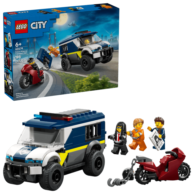 LEGO City Police: Police Prisoner Transport Van set with figures and motorcycle on a white background