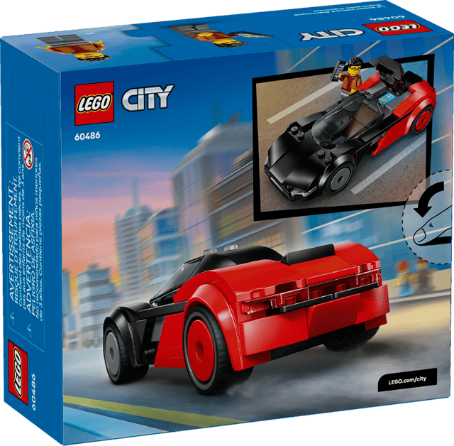 LEGO City Great Vehicles: EV Supercar set packaging with red car and cityscape background