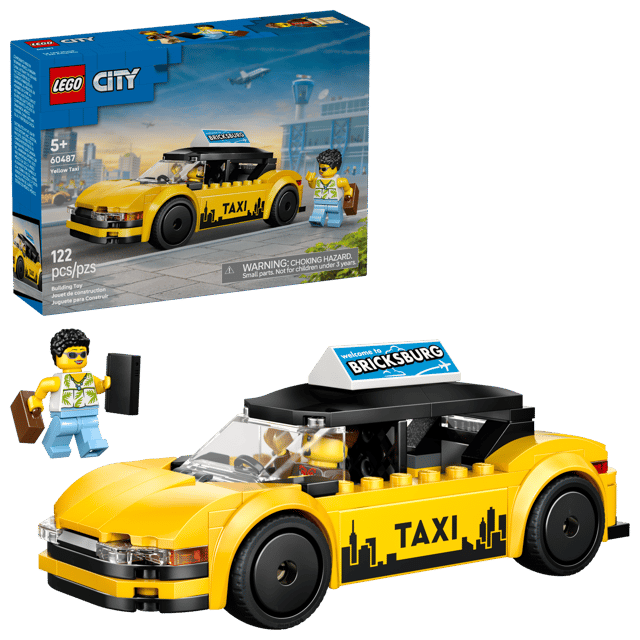 LEGO City Great Vehicles: Yellow Taxi set with packaging and figures on a clear background