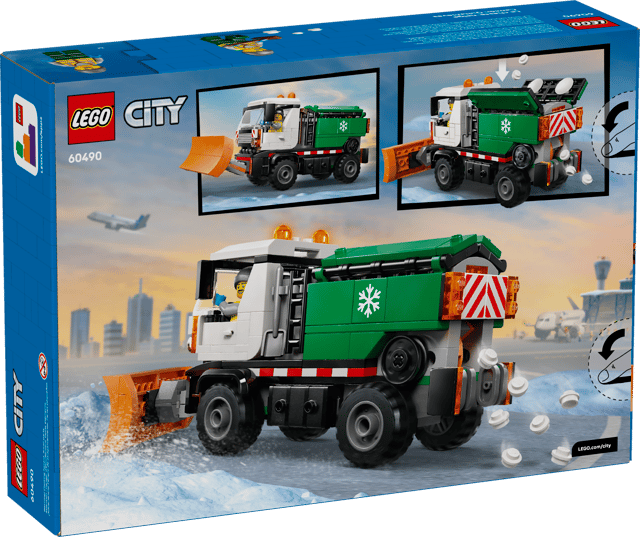 LEGO City Great Vehicles: Snowplow set packaging with images of the vehicle and cityscape background.