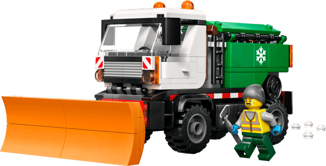 LEGO City Great Vehicles: Snowplow with orange plow attachment and a small figure on a transparent background