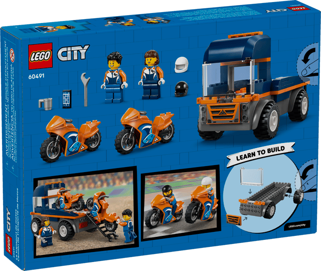 LEGO City Great Vehicles: Motorcycle Transporter set packaging with vehicles and figures on a blue background
