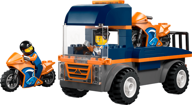 LEGO City Great Vehicles: Motorcycle Transporter truck with a trailer carrying a motorcycle, featuring two minifigures on a transparent background.