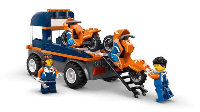 LEGO City Great Vehicles: Motorcycle Transporter truck set with orange car and figures on a transparent background