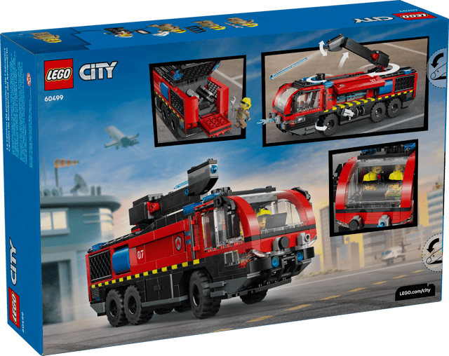 LEGO City Fire: Airport Fire Truck set packaging with images of the vehicle and cityscape background.