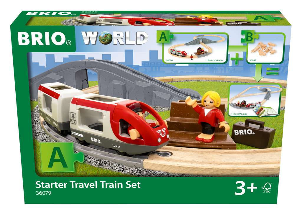 BRIO World Starter Travel Train Set packaging with train, tracks, and figures.